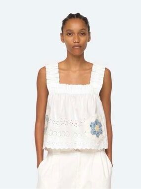 Sea New York White Cotton Ruffled Square-Neck Camisole with Blue Floral Appliqué